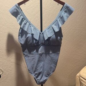 Time and Tru Blue Striped One Piece Swimsuit
